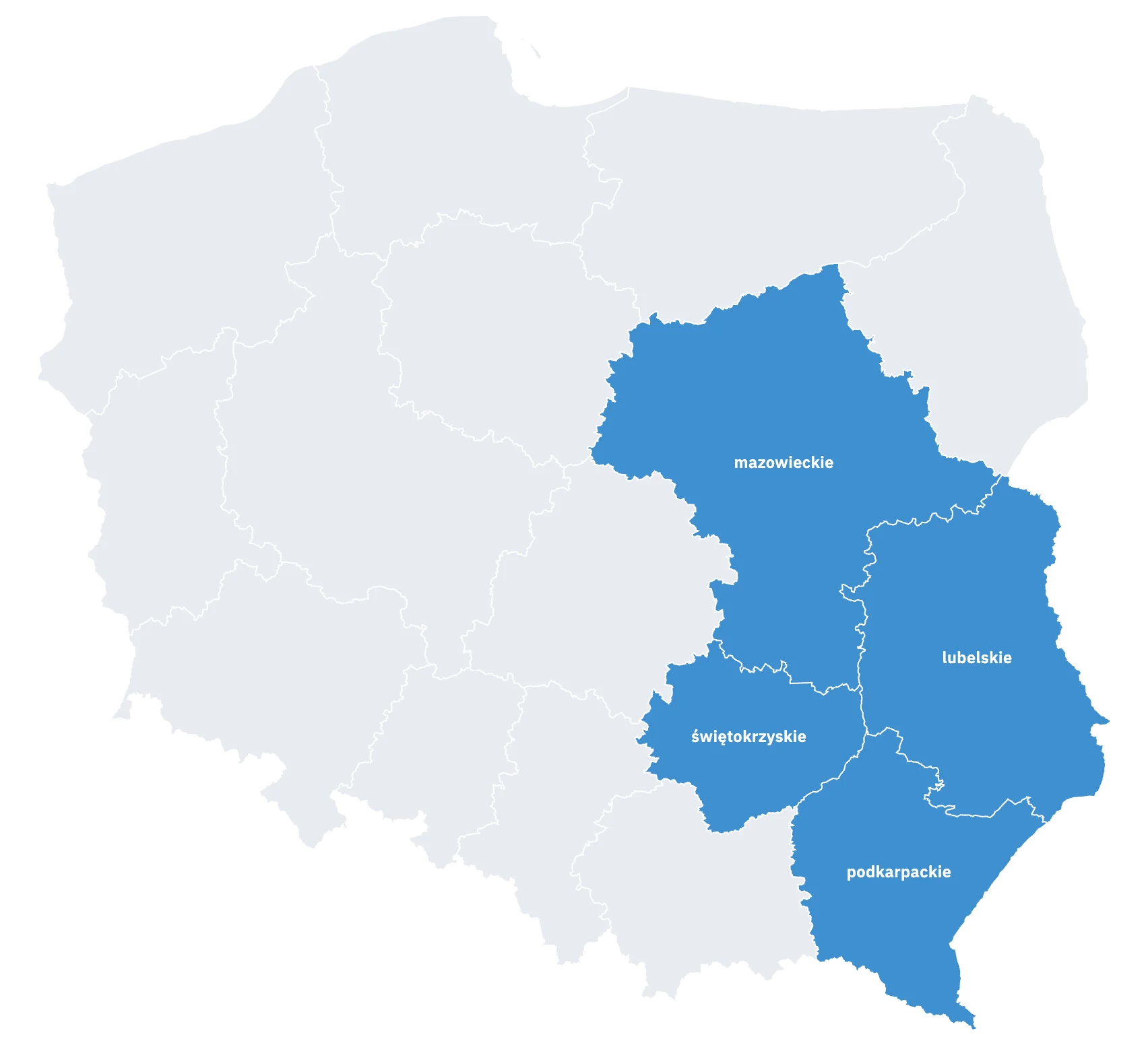 Mapa Polski z obszaramy, w których firma Multikoncept buduje Hale Stalowe